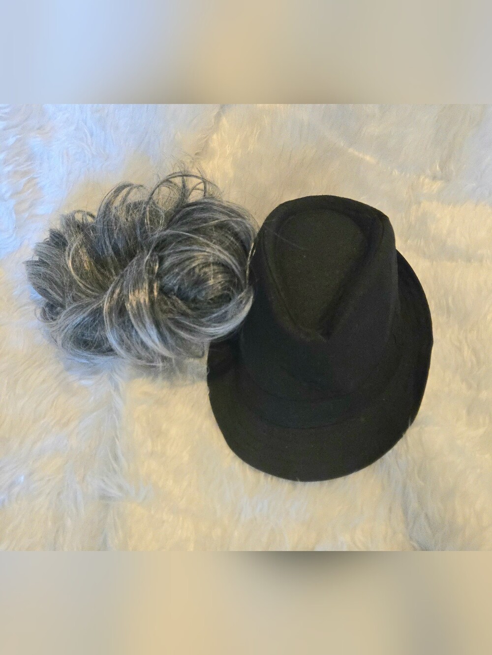 Black Fedora Hat with Kid Gray Hairpiece Wig Old Man Dress Up Halloween Cosplay